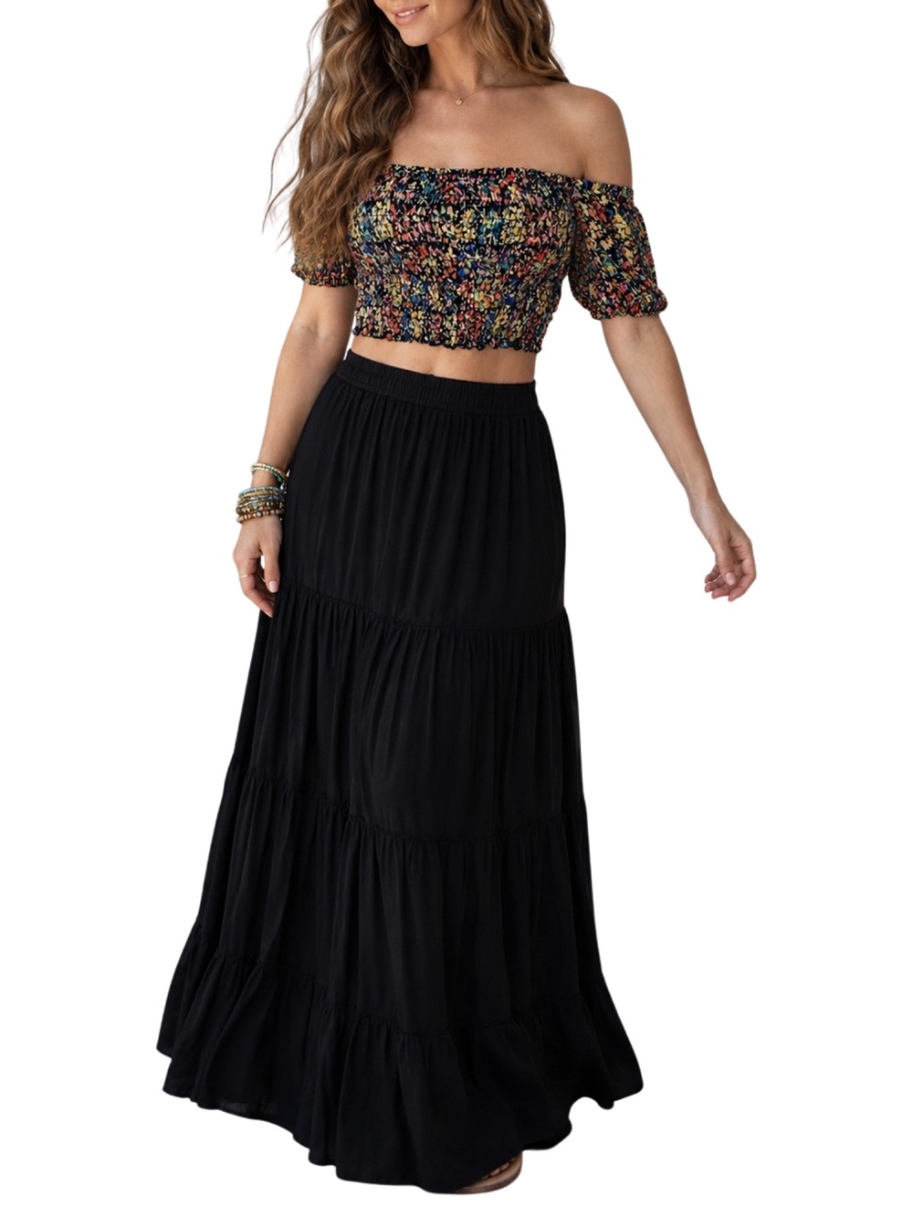 Urban Outfitters Sara Floral Smocked Puff Sleeve Boho Crop Top - S - Multicolor